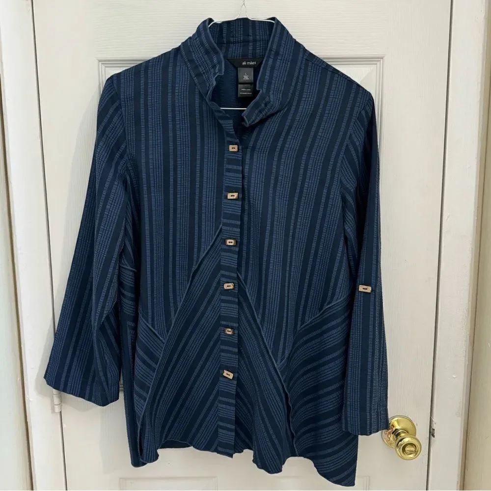 Ali Miles Tunic Blouse Size Large Navy Blue Lagenlook Boxy Flowy Artsy